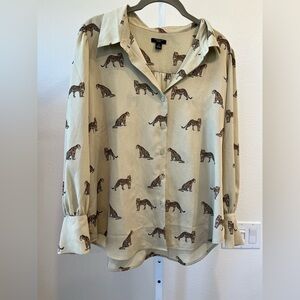 Ann Taylor Factory Beige Button Down Shirt with Leopard Print